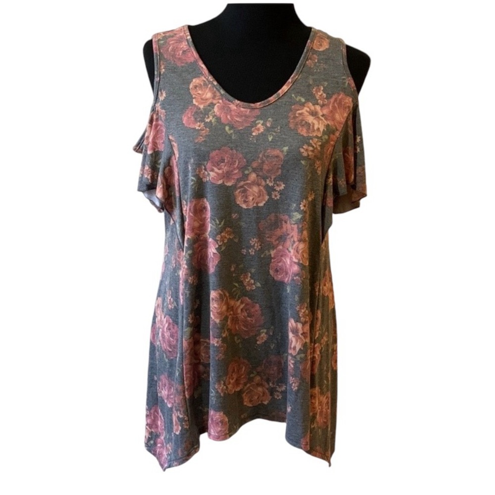 NWT Vision Gray & Pink Floral Cold Shoulder Short Sleeve Top Women’s Size Small